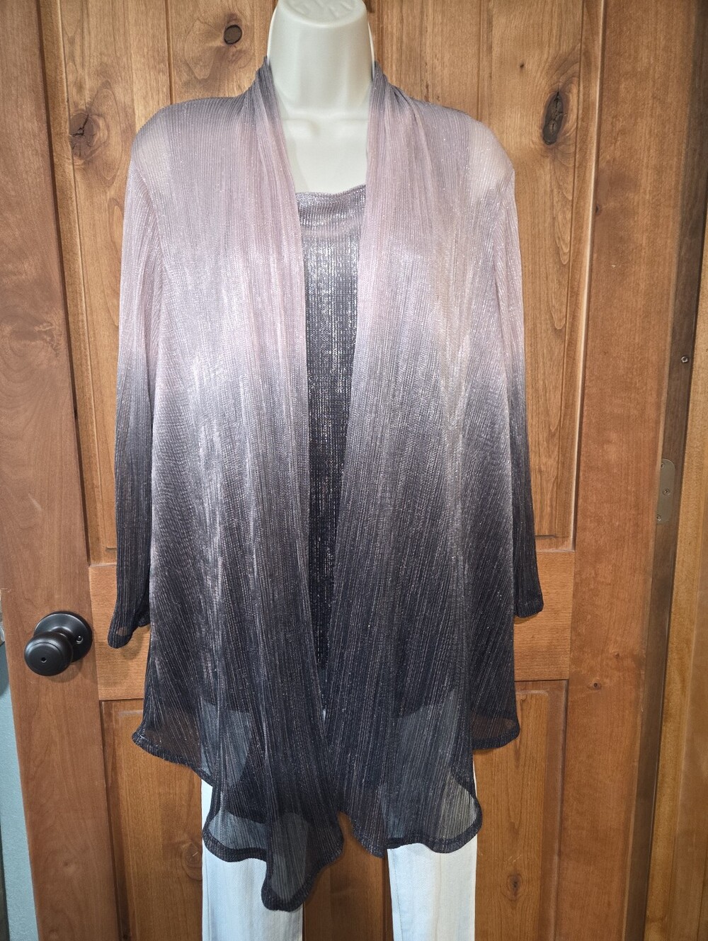 Onyx Nite Lavender-to-Black Metallic Ombre Sleeveless Top And Cardigan Set